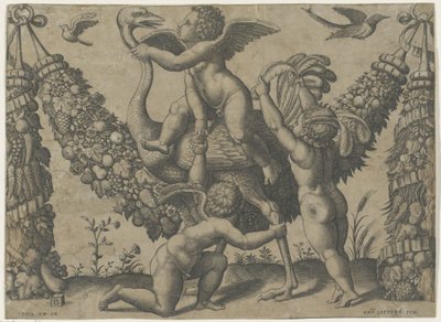 Tres amorcillos con un avestruz Tapices del Papa de Rafael (título de la serie) de Meester van de Dobbelsteen