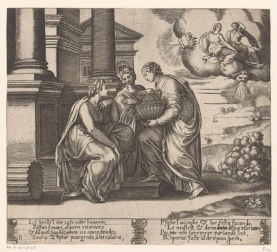 Psique es visitada por sus hermanas. Historia de Amor y Psique (título de la serie) de Meester van de Dobbelsteen