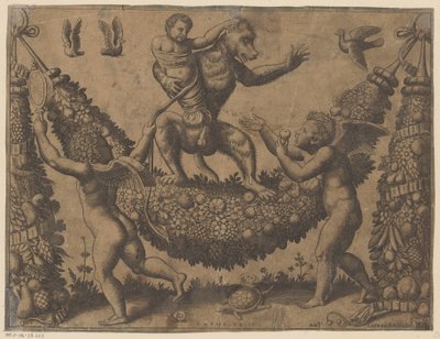 Putti burlándose de un mono Tapices del Papa (título de la serie) Tapezzerie de Papa (título de la serie) de Meester van de Dobbelsteen