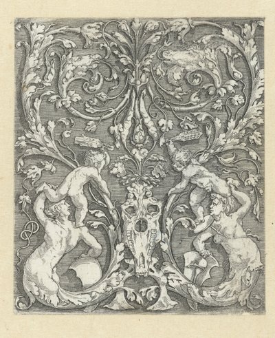 Adorno con dos niños y una calavera de caballo de Meester van de Paardenhoofden