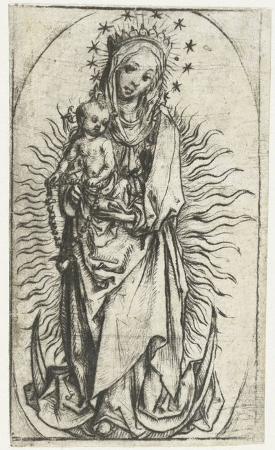 Virgen con corona de estrellas y rosario en la luna creciente de Meester van het Amsterdamse Kabinet