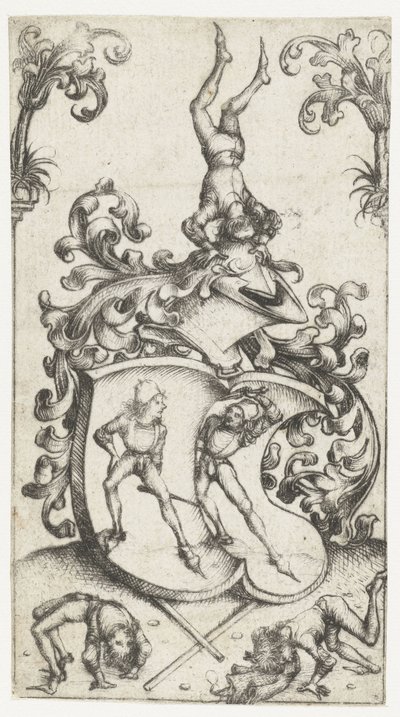 Escudo de armas con acróbatas y espadachines de Meester van het Amsterdamse Kabinet