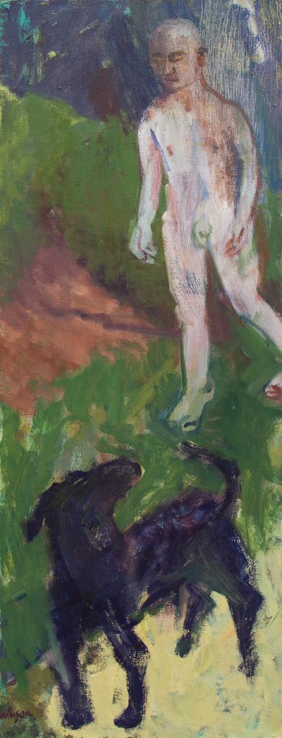 Hombre blanco que paseaba a un perro negro, 2016 (óleo sobre lienzo) de Megan Williamson
