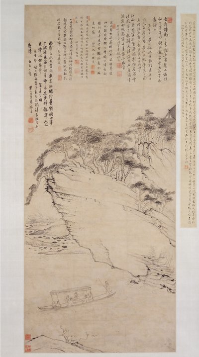 Paseo en bote en un río bajo un acantilado, datable a 1673 de Mei Qing