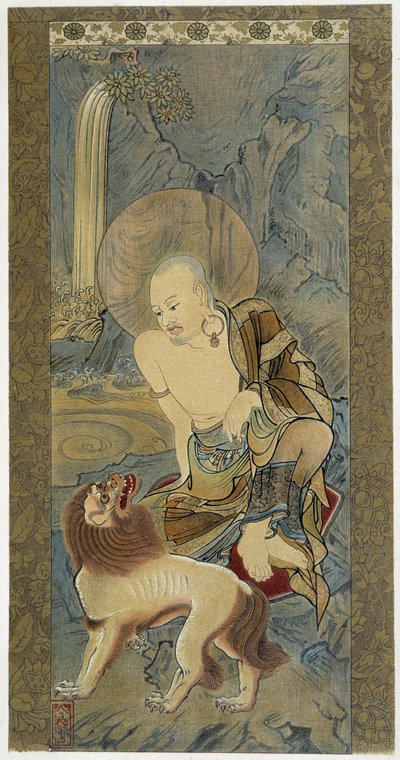El hombre con el león. Pintura sobre seda de Meicho (1427-1532). de Meicho
