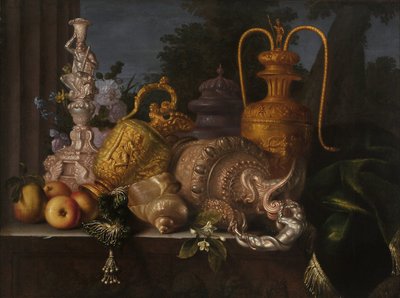 Naturaleza muerta, conchas y orfebre. Pintura de Meiffren Conte (1630-1705). Óleo sobre lienzo. Dimensiones: 91x121cm. Mención obligatoria: Colección fondation regards de Provence, Marsella de Meiffren (c.1630 1705) Conte