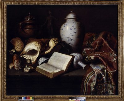 Jarrones chinos, conchas, bronces antiguos, libros y alfombras de Meiffren (c.1630 1705) Conte