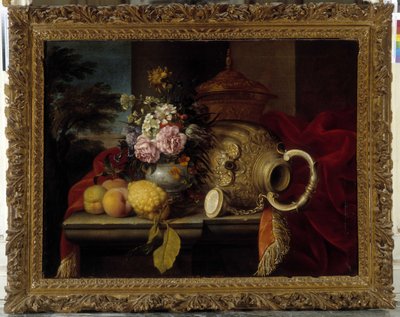 Naturaleza muerta con ramo, fruta, jarrón y tela roja de Meiffren (c.1630 1705) Conte
