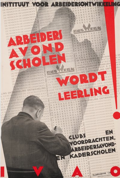 Cartel del Instituto de Desarrollo Laboral (IVAO) anunciando una escuela nocturna para trabajadores de Meijer Bleekrode
