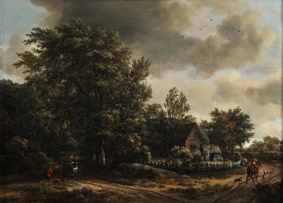 Paisaje boscoso con viajeros en un camino junto a una cabaña de Meindert Hobbema