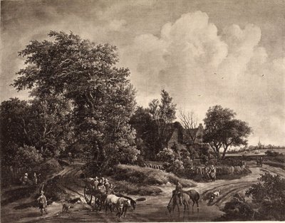 Granja al borde de un bosque, con un carro y caballos de Meindert Hobbema