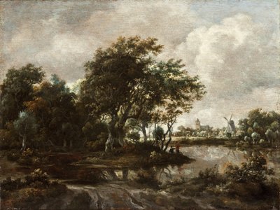 Paisaje con pescadores y una ciudad lejana de Meindert Hobbema