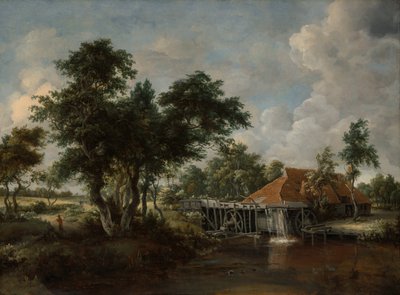 El molino de agua con el gran tejado rojo de Meindert Hobbema