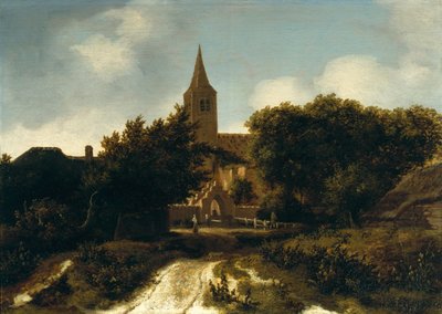 Paisaje boscoso con figuras cerca de una iglesia, c.1660 de Meindert Hobbema