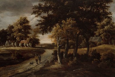 Paisaje boscoso con figuras en un camino de Meindert Hobbema