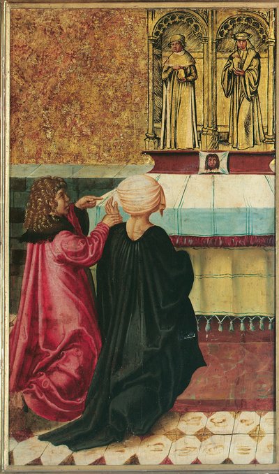 Un hombre recomienda a su esposa a St. Cosme y Damián de Meister der Legendenszenen
