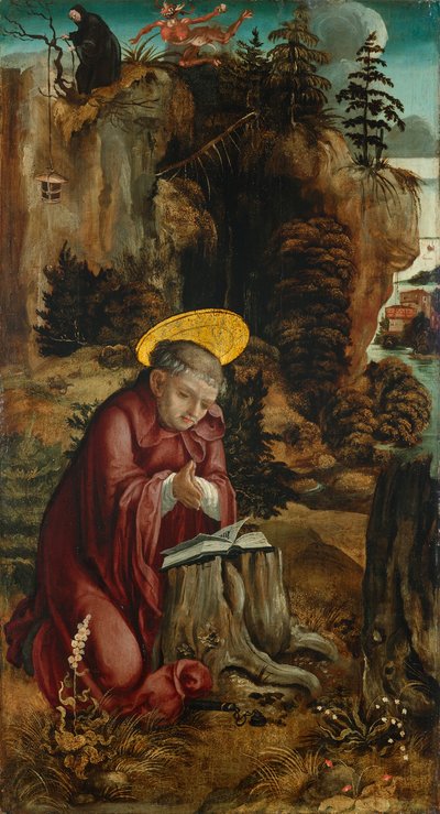 S t. Benito frente a la cueva de Subiaco de Meister des Innerochsenbacher Annenaltars