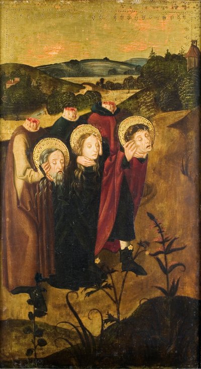 El decapitado St. Felix, Regula y Exuperantius camino a la tumba de Meister des Winkler Epitaphs