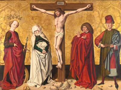 Cristo en la cruz entre St. María y Juan, Catalina y Sebastián de Meister von Großgmain