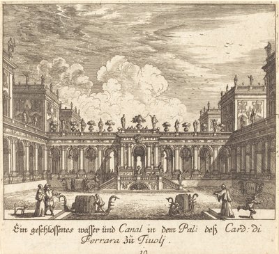 Palacio y canal, Cardenal de Ferrara, Tívoli de Melchior Küsel after Johann Wilhelm Baur