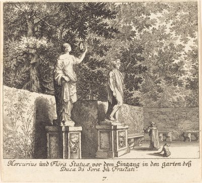 Estatuas de Mercurio y Flora, Jardines de Dukedi Sora, Frascati de Melchior Küsel after Johann Wilhelm Baur