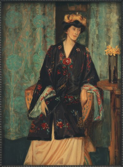 Retrato de Eleonore Reichl en traje japonés en el trono artístico de Lechter de Melchior Lechter