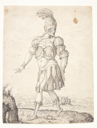 Un hombre con vestimenta romana, señalando una fuente de Melchior Lorck
