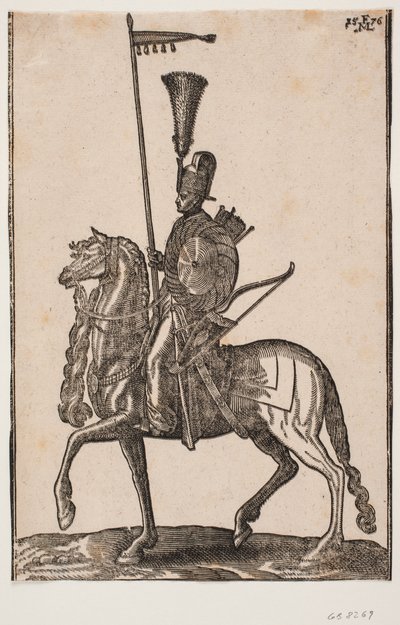 Soldado montado, perfil hacia la izquierda; lanza con banderín, arco al lado, escudo circular, carcaj; tocado con plumas de Melchior Lorck