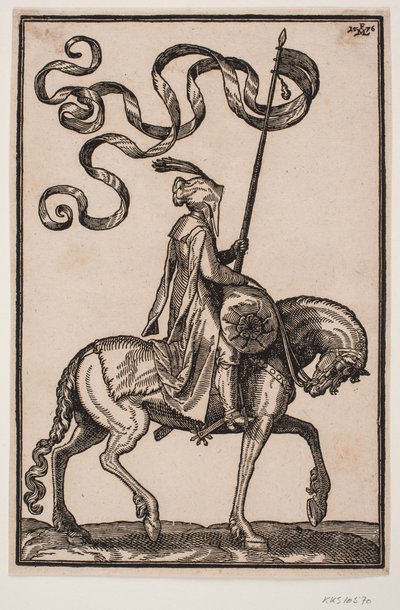 Portador de estandarte montado, perfil hacia la derecha; el estandarte es bifurcado, el jinete desarmado, en la parte delantera del caballo una bolsa de equipaje en forma de salchicha de Melchior Lorck