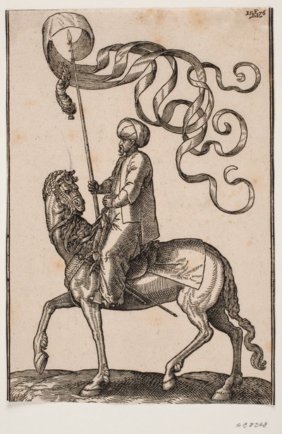 Portador de estandarte montado, perfil hacia la izquierda; el estandarte es de tres puntas y debajo cuelga una pluma; su espada está colocada entre su pierna izquierda y el flanco del caballo de Melchior Lorck