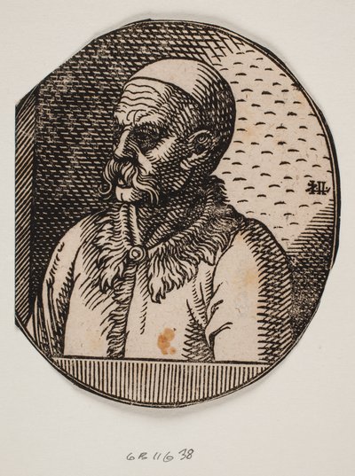 Busto de un hombre con barba y calota; perfil 3/4 hacia la izquierda de Melchior Lorck