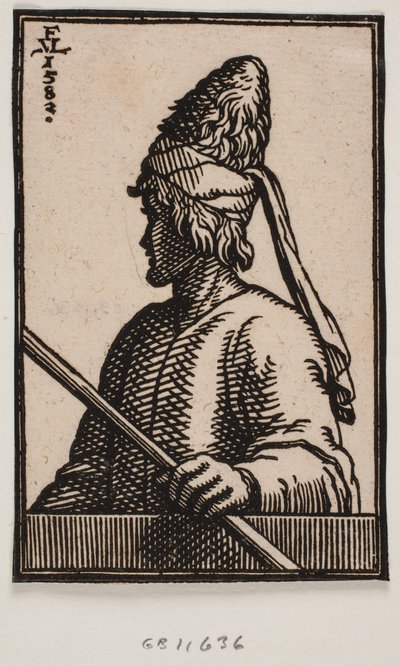 Busto de un joven con sombrero puntiagudo de cuero, sosteniendo un bastón en su mano izquierda, extendido sobre la barandilla; mostrado en perfil 3/4 desde el lado izquierdo del hombre, con la cabeza ligeramente girada de Melchior Lorck