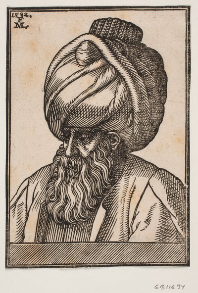 Busto de hombre con barba completa y turbante, perfil 3/4 hacia la izquierda de Melchior Lorck