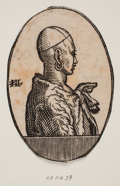 Medallón circular con retrato de medio cuerpo de un hombre sin barba con una calota y un pendiente, con una piel sobre el hombro; perfil hacia la derecha de Melchior Lorck