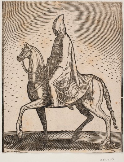 Jinete con capa y sombrero, perfil hacia la izquierda; bajo su manto, se vislumbra una espada de Melchior Lorck