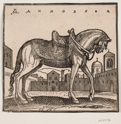 Caballo elegante ensillado, perfil hacia la derecha, en una plaza rectangular de Melchior Lorck