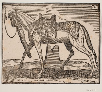 Caballo elegante ensillado, atado a la línea del marco izquierdo, perfil hacia la izquierda; bajo el vientre del caballo se ve una ruina de Melchior Lorck