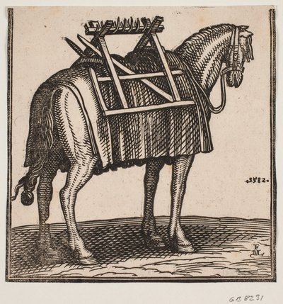 Un caballo de carga aún no cargado con un armazón en la espalda, visto en ángulo desde atrás hacia la derecha. de Melchior Lorck