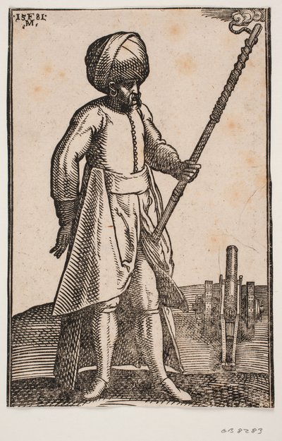 Un cañonero junto a su cañón en un paisaje abierto de Melchior Lorck