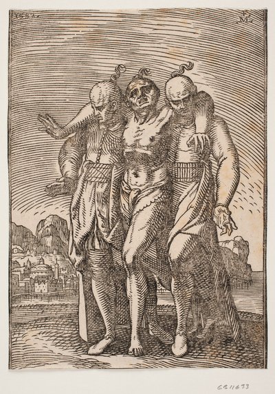 Hombre medio vestido con una coleta en la parte trasera de la cabeza; se apoya teniendo sus brazos alrededor de los cuellos de otros dos hombres; también con coletas en la parte trasera de sus cabezas de Melchior Lorck