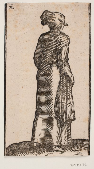 Mujer, vista desde atrás, caminando hacia la derecha de Melchior Lorck
