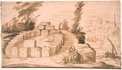 Paisaje con un círculo de piedras y una anciana con un niño de Melchior Lorck