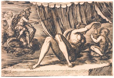 Marte, Venus sosteniendo una pera y un niño de Melchior Lorck