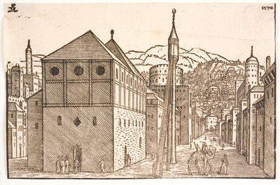 Mezquita con un minarete independiente con escalera exterior de Melchior Lorck