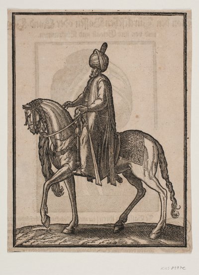 Hombre Mayor Montado, con Garrote a su Lado, Perfil hacia la Izquierda; Debajo del Cuello del Caballo, una Cola de Caballo o de Buey Cuelga como Signo de la Dignidad del Hombre de Melchior Lorck
