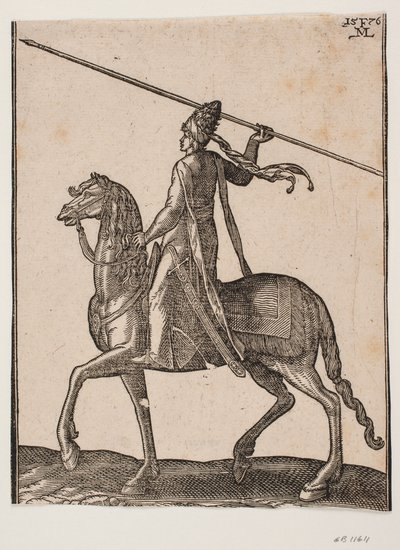 Soldado Montado, perfil hacia la izquierda; en su mano, una lanza larga levantada, como si estuviera en el acto de lanzarla de Melchior Lorck