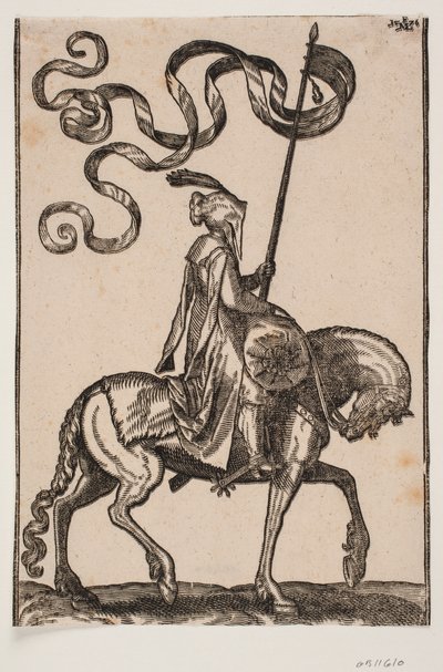 Portaestandarte montado, perfil hacia la derecha; el estandarte es de dos colas; el jinete está desarmado; en la parte delantera del caballo, hay un saco en forma de salchicha para llevar equipaje de Melchior Lorck