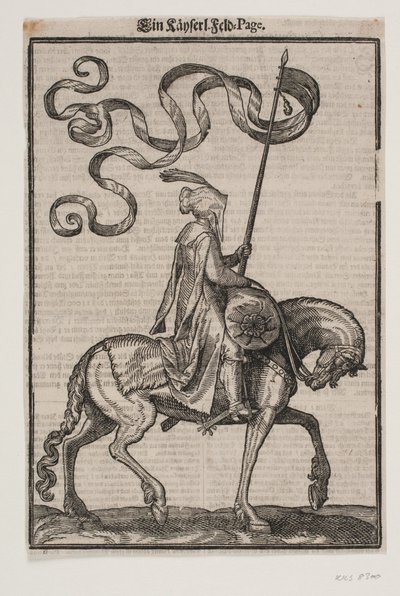 Portaestandarte montado, perfil hacia la derecha; el estandarte es de dos colas; el jinete está desarmado; en la espalda del caballo frente a él, hay un saco en forma de salchicha para llevar equipaje de Melchior Lorck