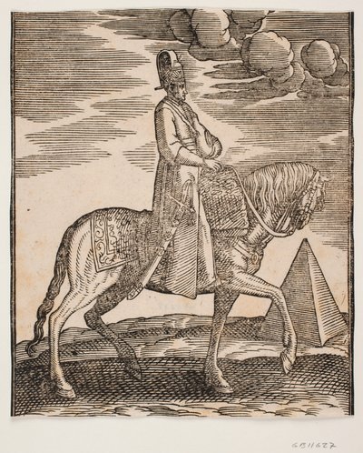 Jinete con una botella alrededor de su cuello, perfil hacia la derecha; una espada a su lado derecho y equipaje frente a él, colgado sobre la silla; a la derecha, en el fondo, una pirámide de Melchior Lorck