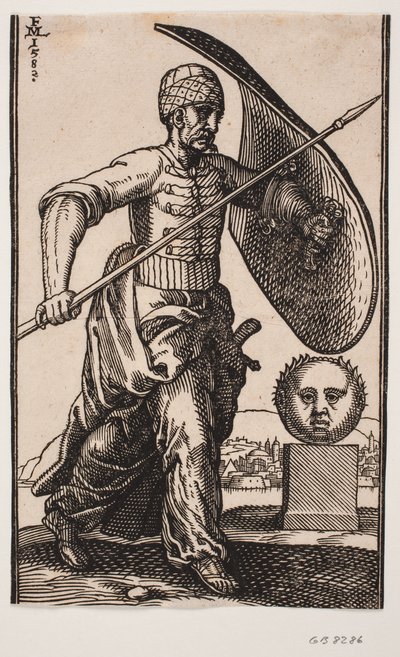 Soldado caminando hacia la derecha; en el brazo izquierdo un escudo curvo, en la mano derecha una lanza; a la derecha un pedestal con una cabeza esférica, vista frontalmente; en la distancia detrás de la cabeza una ciudad junto al agua de Melchior Lorck